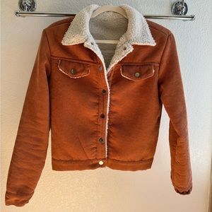 Orange teddy fleece lined corduroy waist short jacket